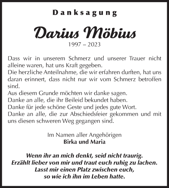 Traueranzeige von Darius Möbius von Volksstimme Haldensleben/Wolmirstedt