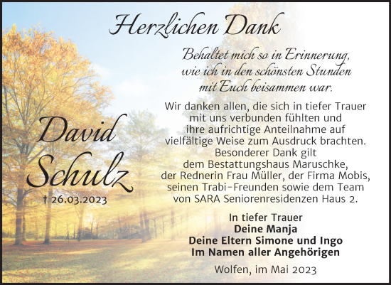 Traueranzeige von David Schulz von Trauerkombi Bitterfeld