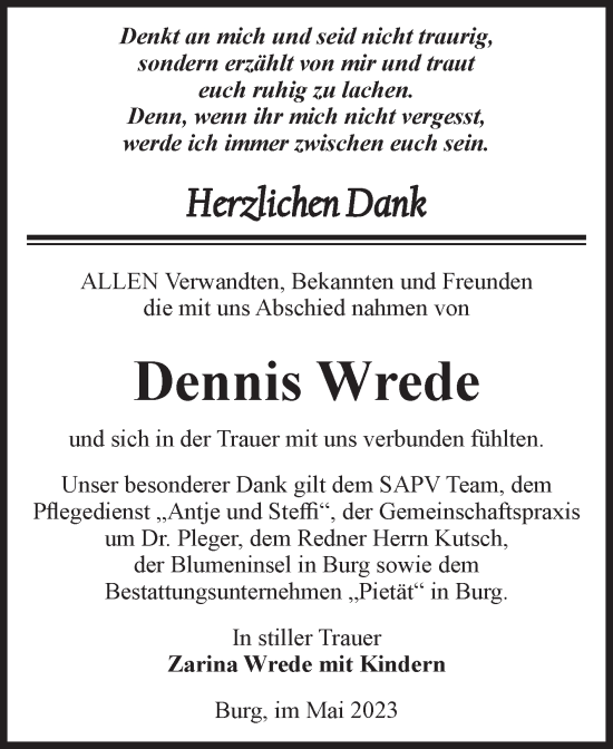 Traueranzeige von Dennis Wrede von Volksstimme Burg/Genthin