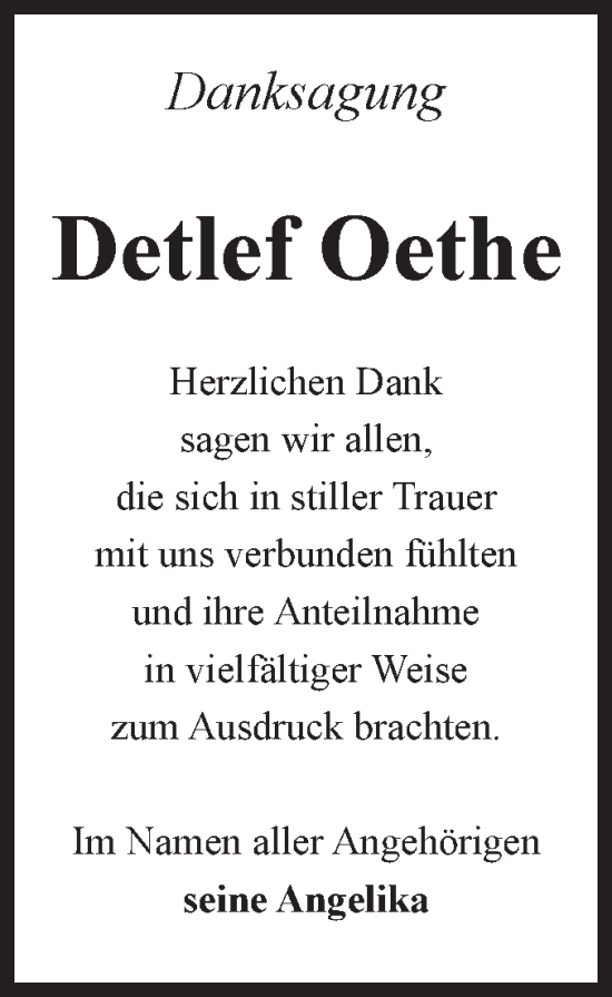 Traueranzeige von Detlef Oethe von Volksstimme Magdeburg
