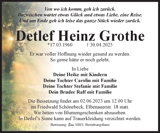 Traueranzeige von Detlef Heinz Grothe von Volksstimme Magdeburg