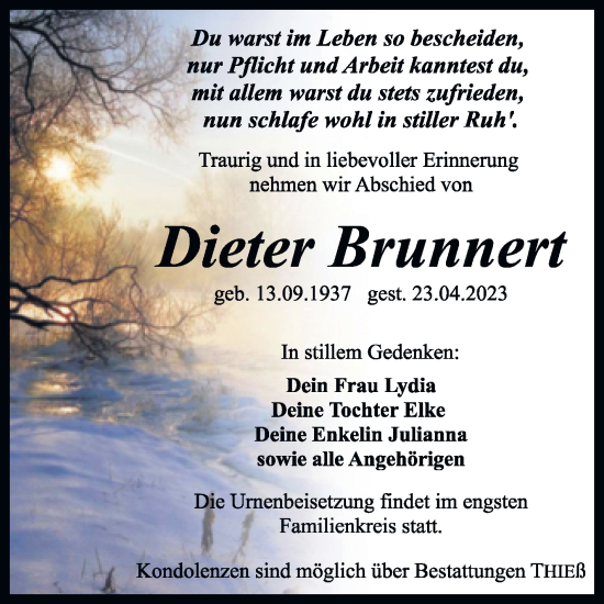 Traueranzeige von Dieter Brunnert von Trauerkombi Quedlinburg