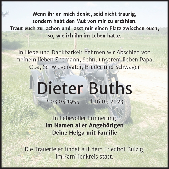 Traueranzeige von Dieter Buths von Trauerkombi Wittenberg