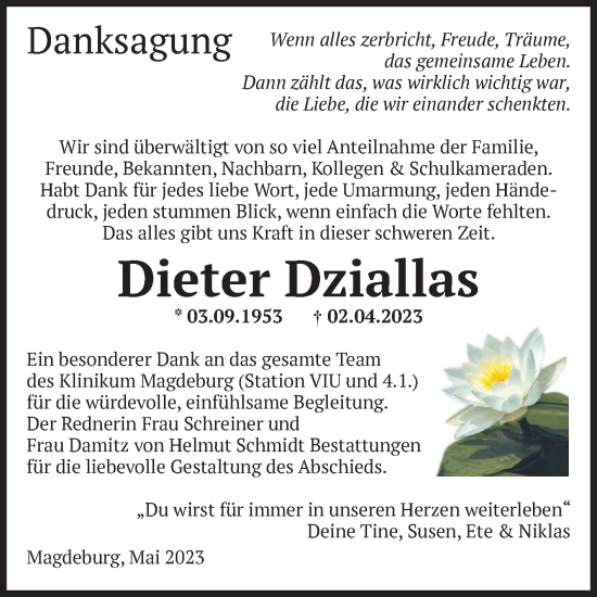 Traueranzeige von Dieter Dziallas von Volksstimme Magdeburg