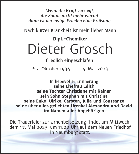 Traueranzeige von Dieter Grosch von Naumburger Tageblatt