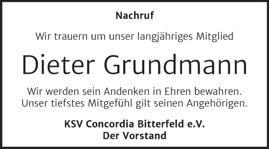 Traueranzeige von Dieter Grundmann von Trauerkombi Bitterfeld
