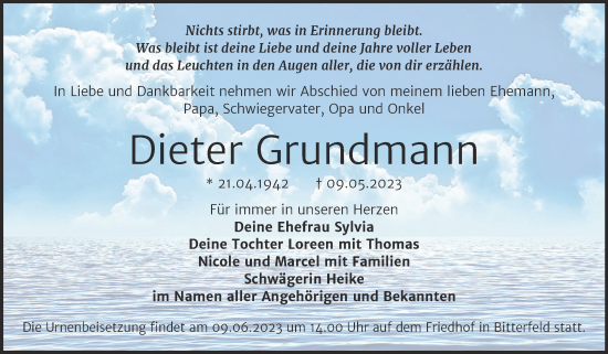 Traueranzeige von Dieter Grundmann von Trauerkombi Bitterfeld