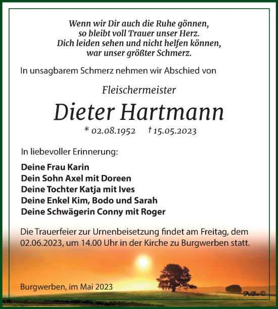 Traueranzeige von Dieter Hartmann von Trauerkombi Weißenfels