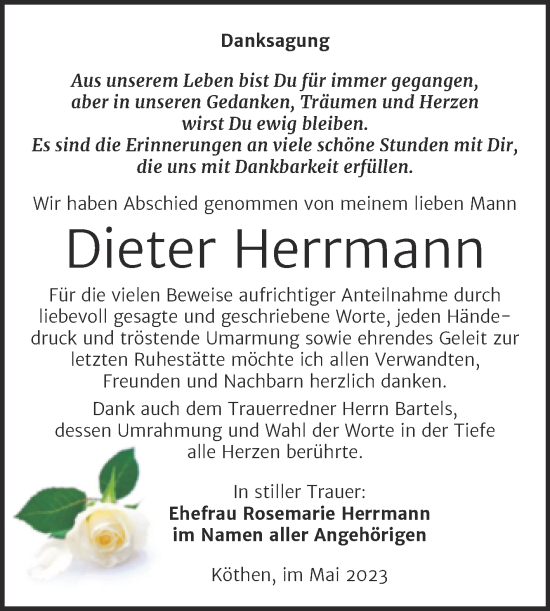 Traueranzeige von Dieter Herrmann von Trauerkombi Köthen