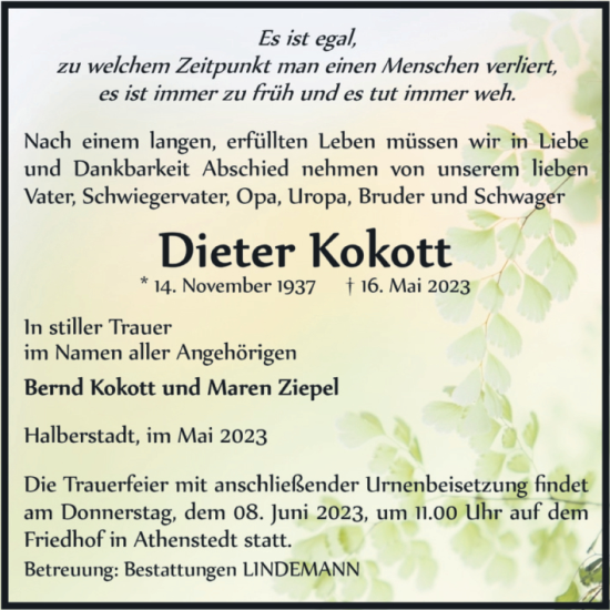 Traueranzeige von Dieter Kokott von Volksstimme Halberstadt