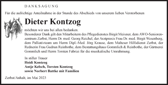 Traueranzeige von Dieter Kontzog von Volksstimme Zerbst