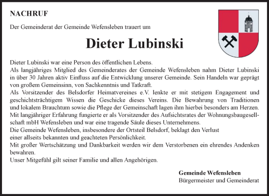 Traueranzeige von Dieter Lubinski von Volksstimme Oschersleben/Wanzleben