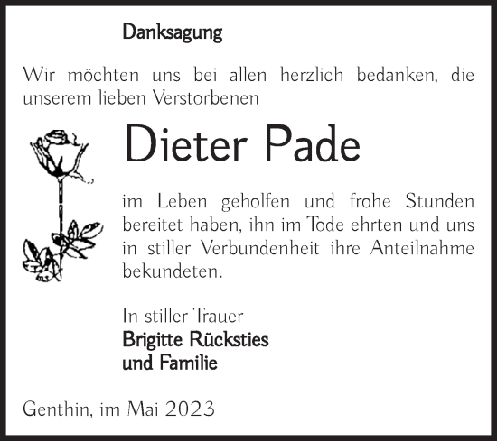 Traueranzeige von Dieter Pade 