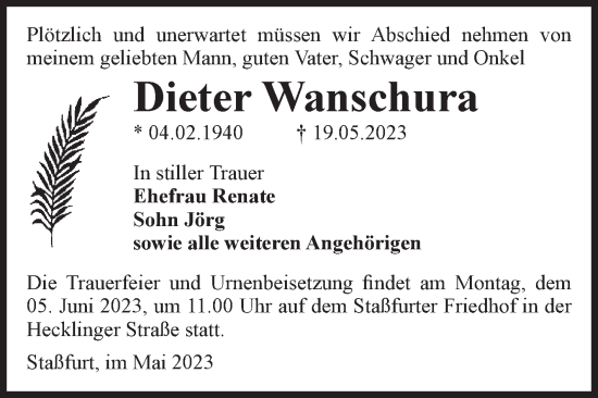 Traueranzeige von Dieter Wanschura von Volksstimme Staßfurt