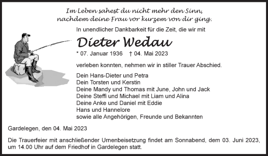 Traueranzeige von Dieter Wedau von Volksstimme Altmark West