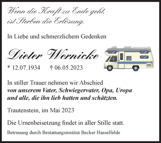 Traueranzeige von Dieter Wernicke von Volksstimme Wernigerode