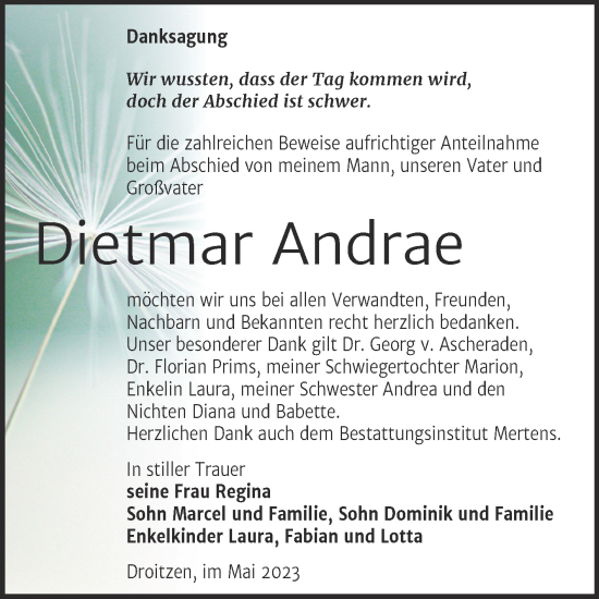 Traueranzeige von Dietmar Andrae von Wochenspiegel Naumburg/Nebra