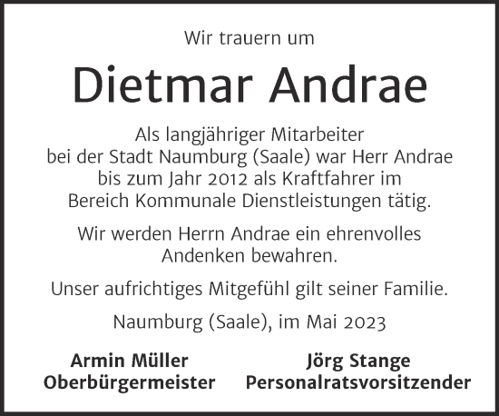 Traueranzeige von Dietmar Andrae von Naumburger Tageblatt