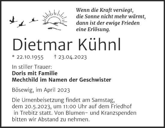 Traueranzeige von Dietmar Kühnl von Trauerkombi Wittenberg