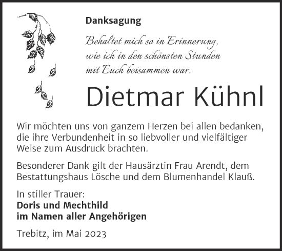 Traueranzeige von Dietmar Kühnl von Trauerkombi Wittenberg