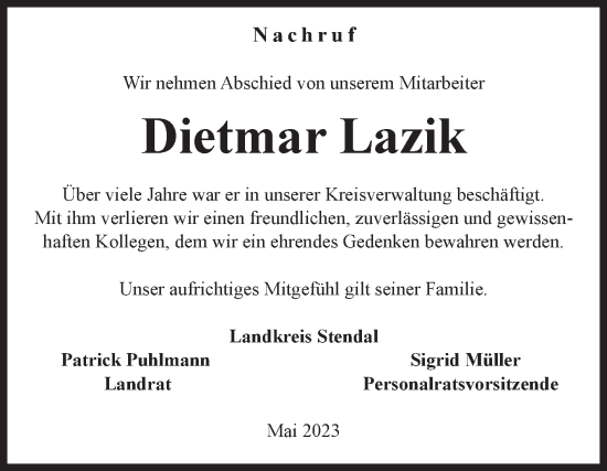 Traueranzeige von Dietmar Lazik von Mitteldeutsche Zeitung