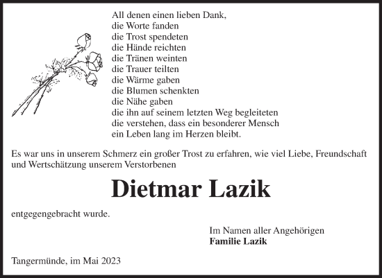 Traueranzeige von Dietmar Lazik von Volksstimme Altmark Ost