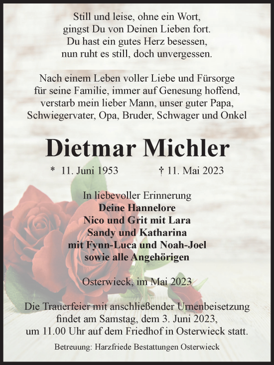 Traueranzeige von Dietmar Michler von Volksstimme Halberstadt