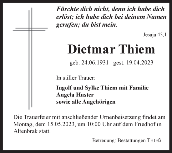 Traueranzeige von Dietmar Thiem von Volksstimme Wernigerode
