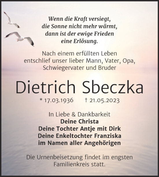Traueranzeige von Dietrich Sbeczka von Trauerkombi Mansfelder Land