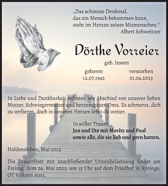 Traueranzeige von Dörthe Vorreier von Volksstimme Haldensleben/Wolmirstedt