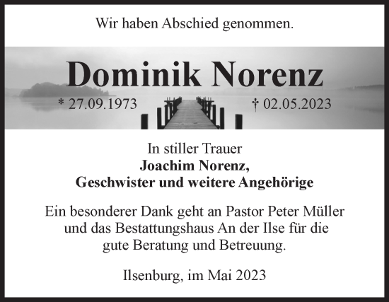 Traueranzeige von Dominik Norenz von Volksstimme Wernigerode