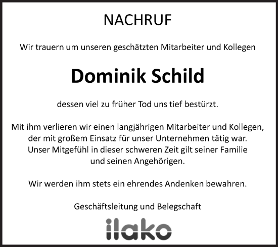 Traueranzeige von Dominik Schild von Super Sonntag Köthen
