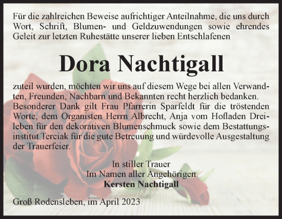 Traueranzeige von Dora Nachtigall von Volksstimme Oschersleben/Wanzleben