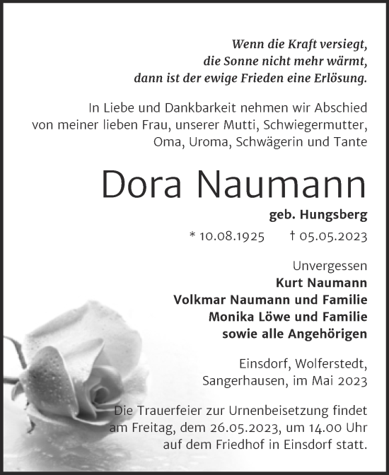 Traueranzeige von Dora Naumann von Trauerkombi Sangerhausen