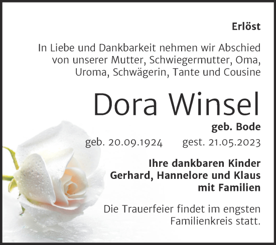 Traueranzeige von Dora Winsel von Trauerkombi Mansfelder Land