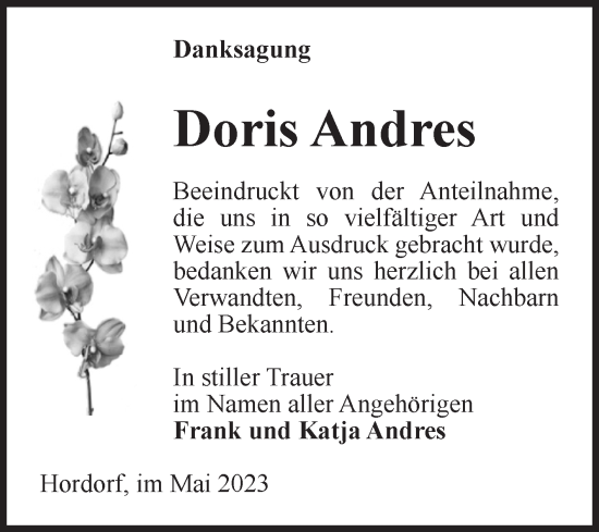 Traueranzeige von Doris Andres von Volksstimme Oschersleben/Wanzleben