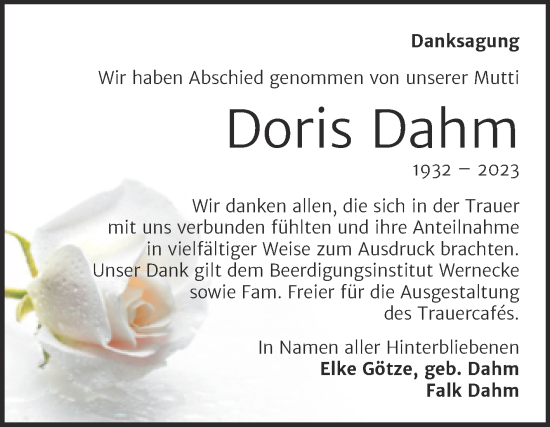 Traueranzeige von Doris Dahm von Trauerkombi Mansfelder Land