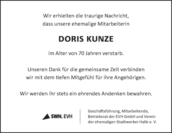 Traueranzeige von Doris Kunze von Mitteldeutsche Zeitung Halle/Saalkreis