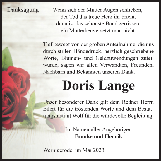Traueranzeige von Doris Lange von Volksstimme Wernigerode