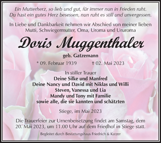 Traueranzeige von Doris Muggenthaler von Volksstimme Wernigerode