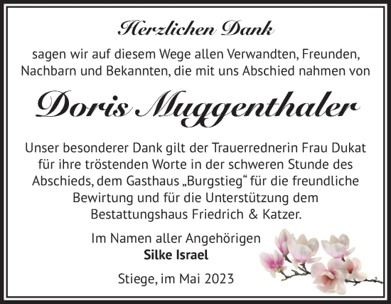 Traueranzeige von Doris Muggenthaler von Volksstimme Wernigerode