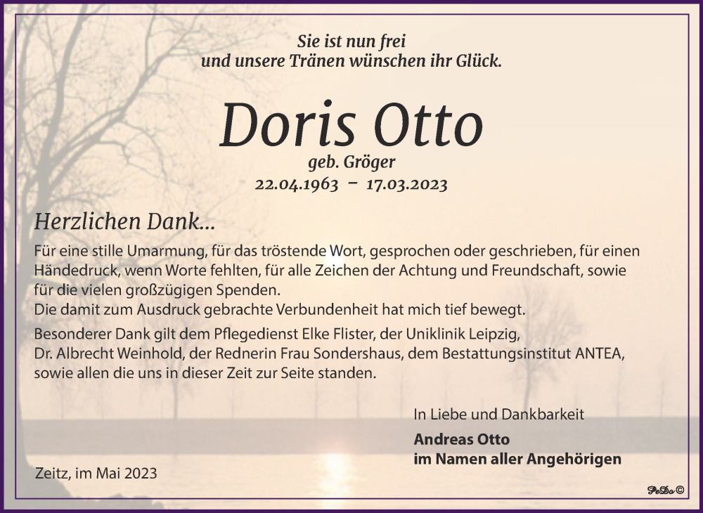  Traueranzeige für Doris Otto vom 13.05.2023 aus Trauerkombi Zeitz