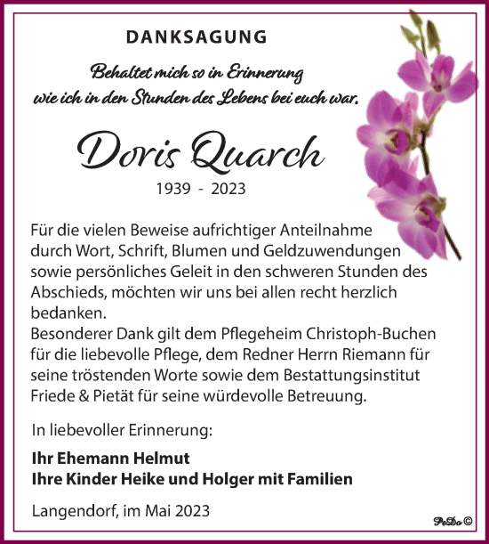 Traueranzeige von Doris Quarch von Trauerkombi Weißenfels