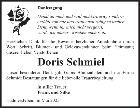 Traueranzeige von Doris Schmiel von Volksstimme Oschersleben/Wanzleben