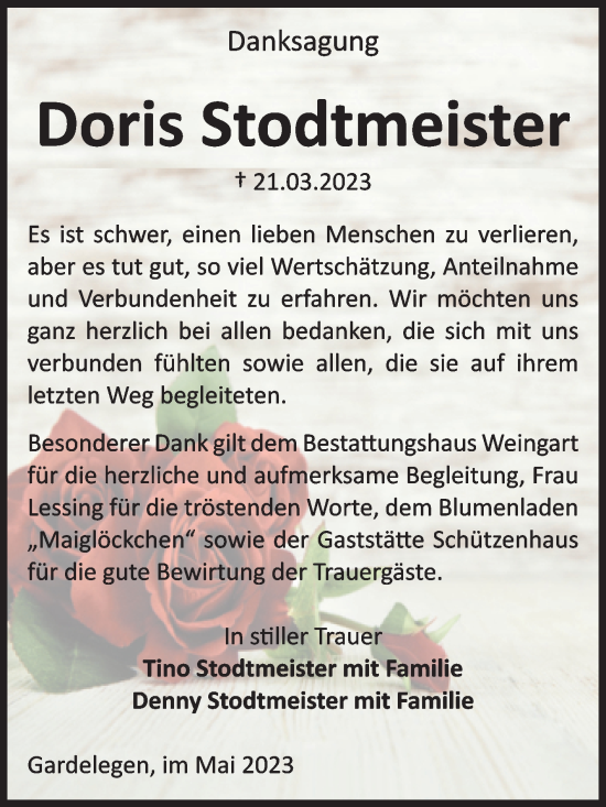 Traueranzeige von Doris Stodtmeister von Volksstimme Altmark West