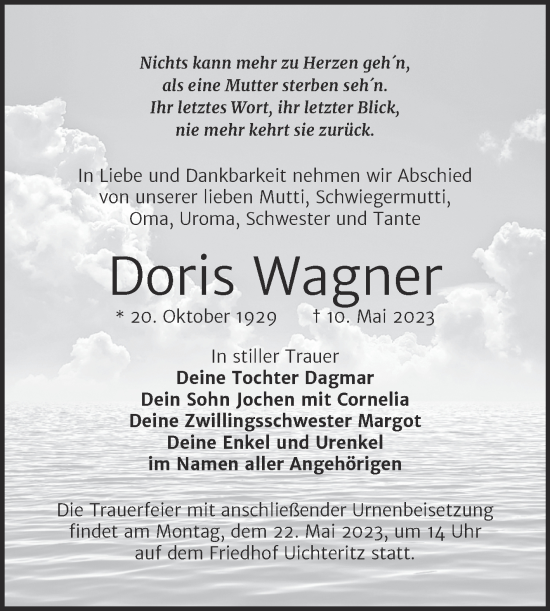 Traueranzeige von Doris Wagner von Mitteldeutsche Zeitung Weißenfels