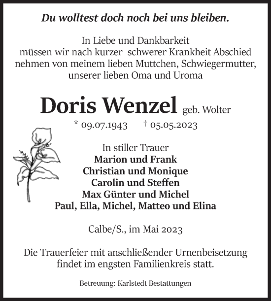 Traueranzeige von Doris Wenzel von Volksstimme Schönebeck