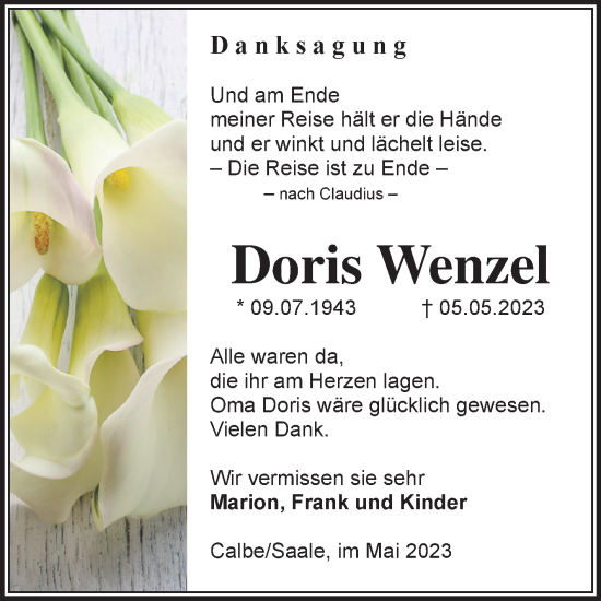 Traueranzeige von Doris Wenzel von Volksstimme Schönebeck