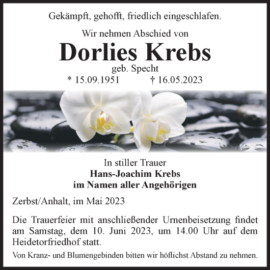 Traueranzeige von Dorlies Krebs von Volksstimme Zerbst