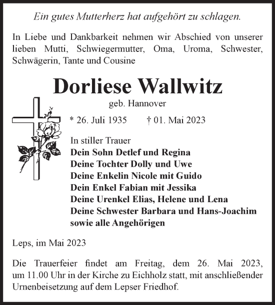 Traueranzeige von Dorliese Wallwitz von Volksstimme Zerbst